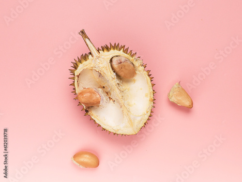 Durian Skin and Durian Seed on Pink Background