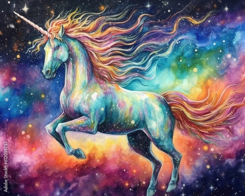 art unicorn in space . dreamlike background with unicorn . Hand Drawn Style illustration