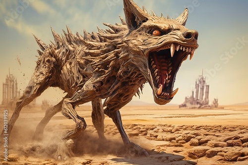 Snarling coyote on a desolate  apocalyptic landscape - Generative AI