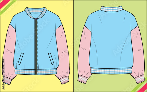 BABY BOYS GIRL JACKET CREW NECK RIB COLLAR WITH ZIP TECHNICAL FASHION FLAT SKETCH ILLUSTRATION