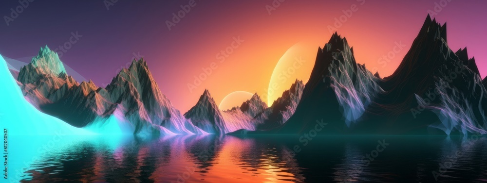 3d render, abstract panoramic background, surreal futuristic landscape with calm water, cliffs, rocks, mountains and colorful sky. Minimalist horizontal, Generative AI