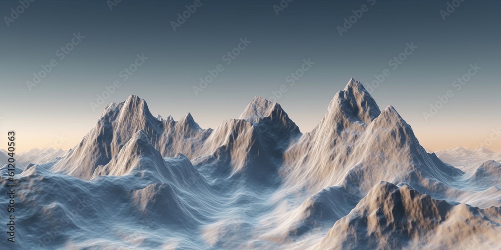 3d render, abstract panoramic background with rocky mountains. Terrain wallpaper, Generative AI