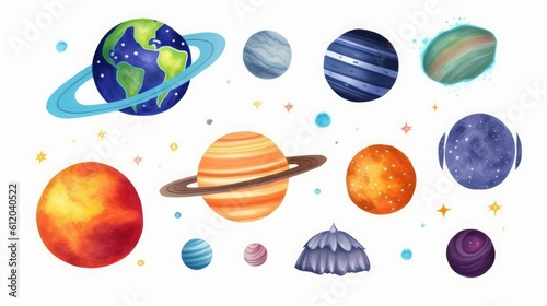 watercolor illustration, planetarium clip art, space elements collection. Set of solar system planets Moon Earth Saturn asteroids and stars isolated on white, Generative AI