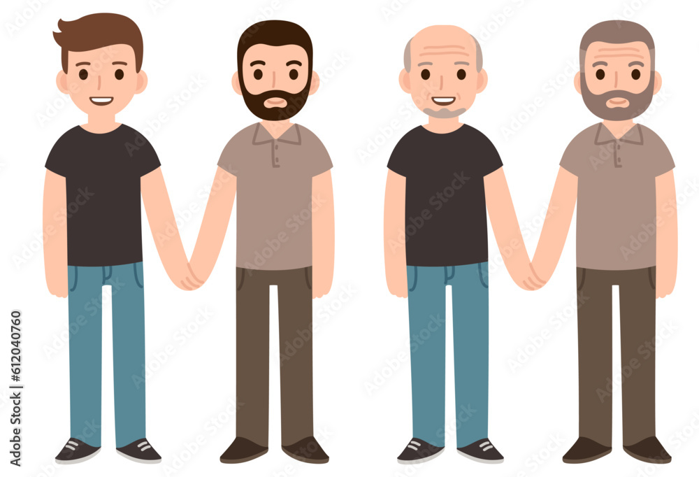 Cute cartoon gay men couple, young and old. Aging together, happy relationship anniversary.