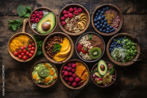 colorful variety of healthy food bowls arranged on a wooden table, generative AI