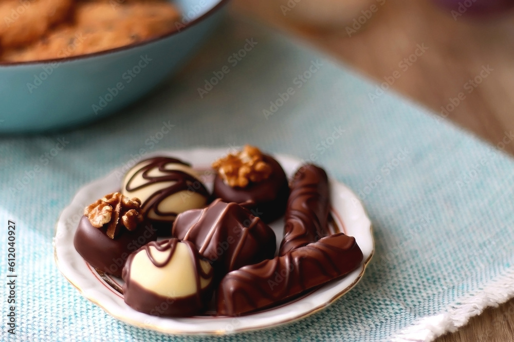 Plate of chocolate pralines, bowl of cookies, cups of tea, glasses of juice and lit candles on the table. Selective focus. Plate of chocolate pralines, bowl of cookies, cups of tea, glasses of juice and lit candles on the table. Selective focus.