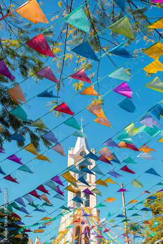 Decoração de festa Junina, Festa de São João e a Torre da Igreja Matriz de Joanópolis, São Paulo, Brasil photo