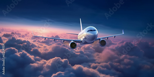 Linien Flugzeug über einen lila Sonnenuntergang über den Wolken, ai generativ