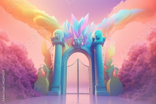3d illustration of a colorful gate with rainbow clouds and pink flowers, in the style of baroque-inspired sculptures. Generative AI.