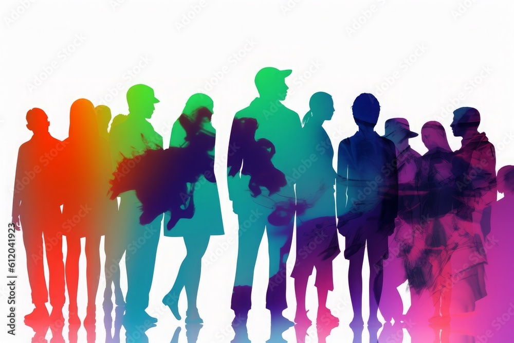 Obraz premium A group of people in silhouette in colorful form, in the style of digital airbrushing. Generative AI.