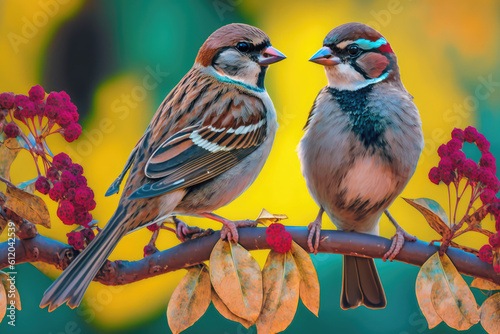 Beautiful couple of house sparrows (Passer domesticus) with vibrant colors standing on a branch. Cute birds in love, male and female garden birds looking at each other on a natural environment photo