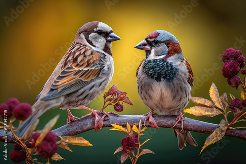 Beautiful couple of house sparrows (Passer domesticus) with vibrant colors standing on a branch. Cute birds in love, male and female garden birds looking at each other on a natural environment © Kien
