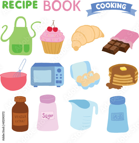 Hand drawn baking elements of apron, chocolate, whisk, microwave, oven, egg, pancake, vanilla extract, sugar, salt for grocery shopping, cafe, restaurant, sweet dessert menu, recipe, cook book, bakery