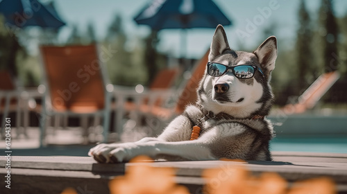 Husky wiht sunglasses at the pool