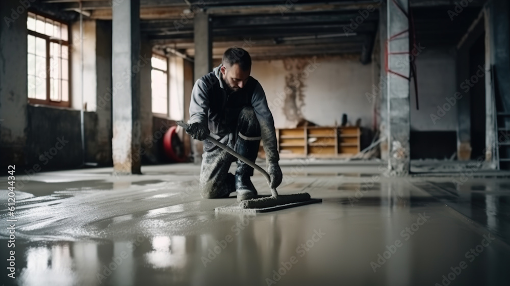 Filling the floor. Fill in the low spots with self-leveling compound for a fine leveling with mixture of cement for floors. Construction workers painting. generative ai