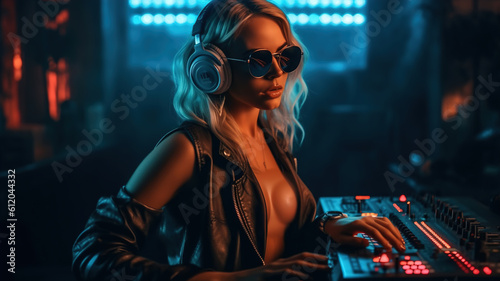 Dj girl in action, Sexy Young Blonde Woman Disc Jockey night club, neon lights. in bra and sunglasses playing music. Headphones and dj mixer on table. Colorful dance party nightlife background. 