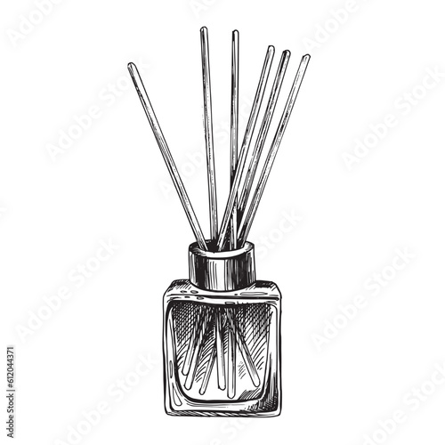 Aroma diffuser in a square glass bottle with sticks. Graphic illustration, hand drawn in black and white. EPS vector. Isolated object on a white background.