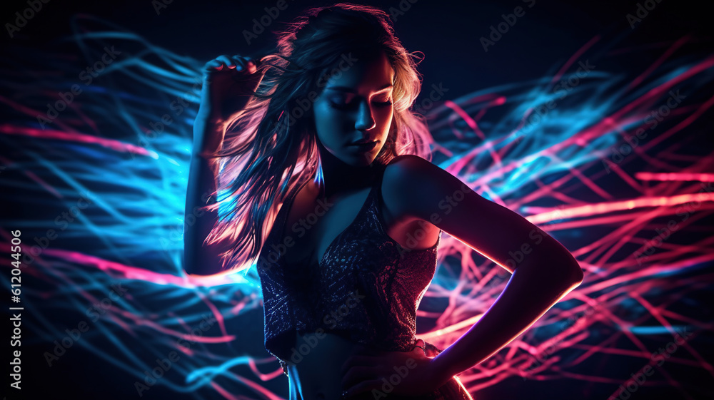 Attractive Girl at Club Summer Dance Party. Dancing, clubbing. Fashionable Beautiful young woman in nightclub. Neon background. Vacation nightlife concept. generative ai