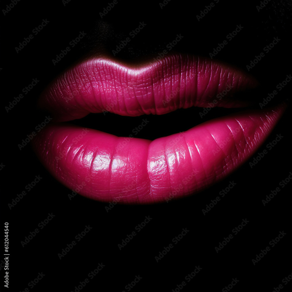 Sexy Plump bright lips of pink color on beautiful model girls mouth close up. Make-up Gloss. Seductive Beauty makeup lipstick. Isolated on Black background. generative ai Sexy Plump bright lips of pink color on beautiful model girls mouth close up. Make-up Gloss. Seductive Beauty makeup lipstick. Isolated on Black background. generative ai