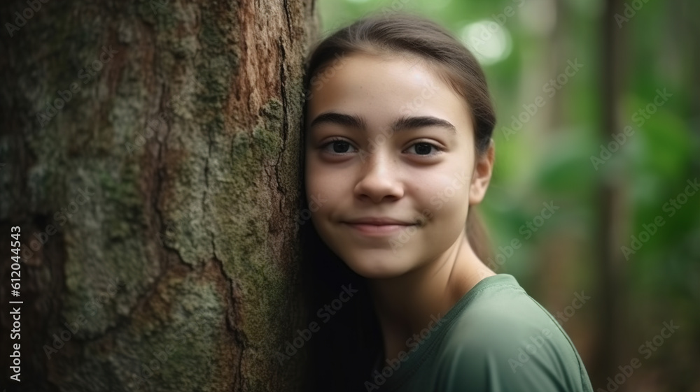 Woman hugging tree trunk in the forest. Eco activist Nature lover girl portrait. Earth's Day concept, save the planet, connecting with nature. generative ai