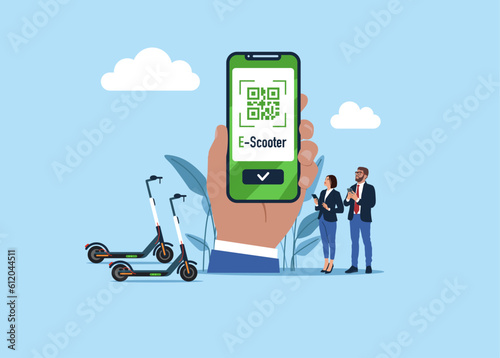 Users and Ecological city transport. Rent e-scooter, phone and QR code. Electro scooter station. Flat vector illustration