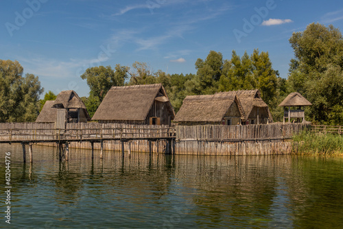 Stilt houses (Pfahlbauten), Stone and Bronze age dwellings in Unteruhldingen town, Baden-Wurttemberg state, Germany