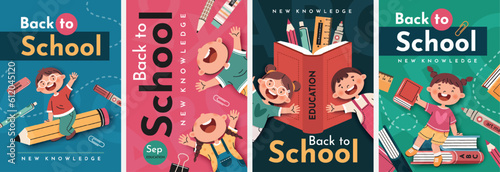 Back to School. School posters with happy children. Elements and objects on school themes, vertical flat background.