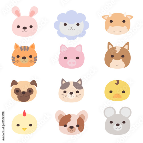 Isolated Cute animals set. Baby farm animals face cartoon character Vector illustration, dog, cat, hose, chicken, cow, tiger, rabbit, sheep, pig, pug, duck, duckling, chicks, mouse. Flat design 