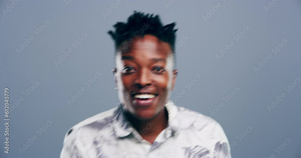 Dance, happy and face of black man in studio isolated on a gray background. Dancing, party and portrait of African male person moving to music, freedom and dancer celebration, funny and peace sign. Dance, happy and face of black man in studio isolated on a gray background. Dancing, party and portrait of African male person moving to music, freedom and dancer celebration, funny and peace sign.