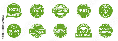 Organic, natural, bio product icon set. Vegan healthy food label. Eco friendly tag. Farm fresh, locally grown badges. Gmo free. Beauty product. Organic cosmetic. Premium quality. Vector illustration