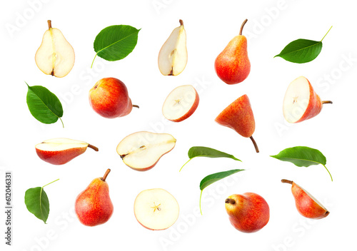 Fototapeta Naklejka Na Ścianę i Meble -  Cut out red ripe juicy pear and green leaves isolated on white background. With clipping path. Mockup. Summer healthy organic fruits, food. Pear collection. Fruit set for your design