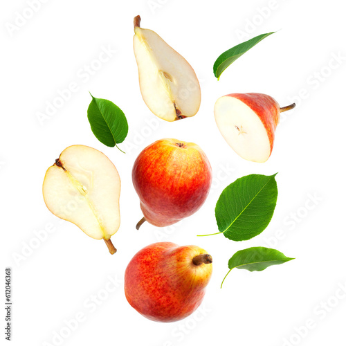 Flying red ripe juicy pear, green leaves isolated on white background. With clipping path. Mockup. Cut out Sweet whole pears, sliced. Summer organic fruits. Creative composition. Food concept