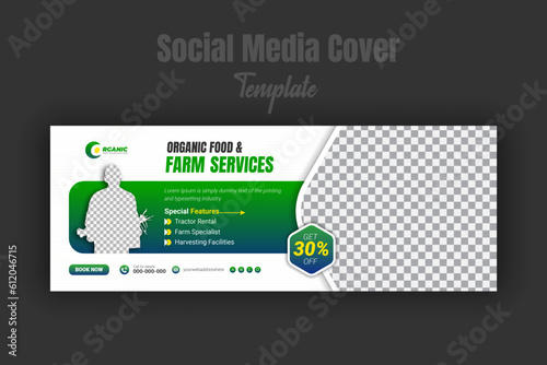 Social media cover template for agriculture and farm services. A farmer holding bucket of vegetables to promote lawn mower garden multipurpose business with crop farm banner web company