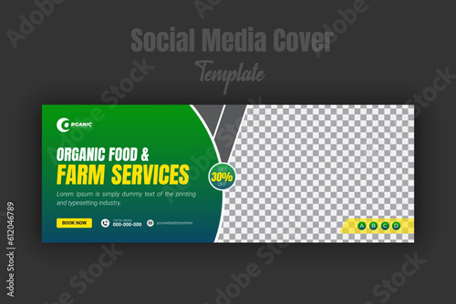 Social media cover design template, organic food and farm services for modern lawn care, mower, garden or landscaping geometric green gradient, yellow and black color shapes