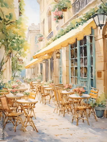 French cafe on the street. In watercolor style