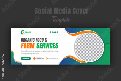 Organic food and agriculture service for social media cover or post design template, modern lawn mower garden, or landscaping service with green gradient background and and abstract yellow color shape
