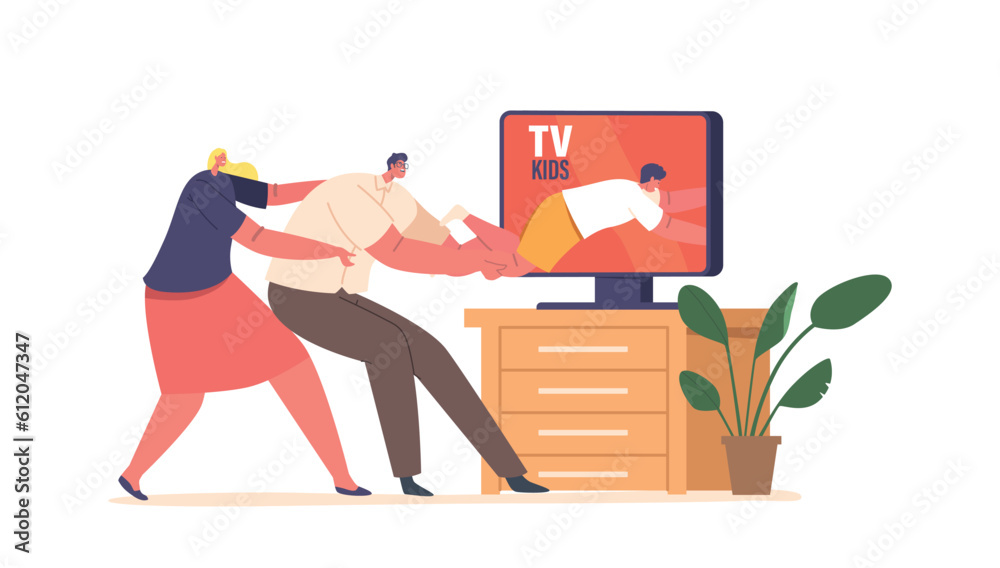 Parents Characters Pulling Kid On Rope From Tv Screen To Shield From