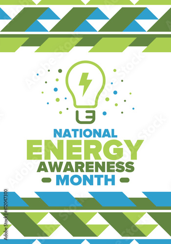 National Energy Awareness Month in October. Optimization and management of energy consumption. The introduction of advanced technology, encourage the use of renewable energy. Energy security. Vector