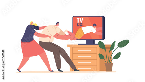 Parents Characters Pulling Kid On Rope From Tv Screen To Shield From Harmful Content, Vector Illustration