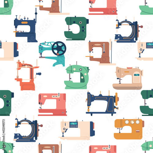 Seamless Pattern With Sewing Machines. Repetitive Design Showcasing Various Sewing Machines, Cartoon Vector Illustration