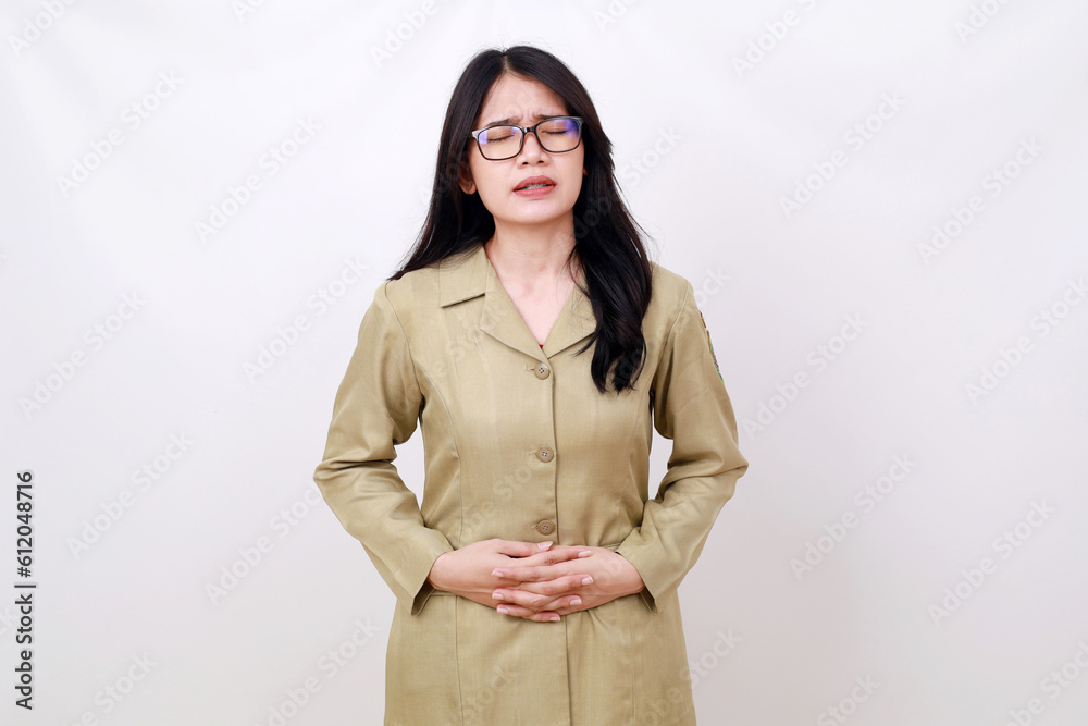 Civil servant woman having problem with her belly. Stomach ache or period concept