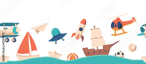 Seamless Pattern Featuring A Collection Of Playful Boy's Toys Sail Boat, Pirate Ship, Plane, Rocket, Helicopter