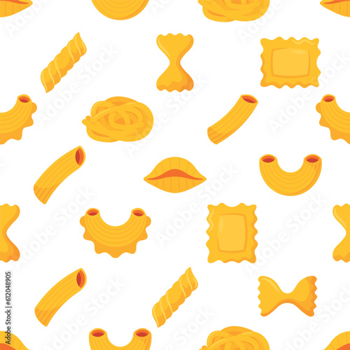 Seamless Pasta Pattern. Delightful Arrangement Of Various Pasta Shapes Repeated Background, Vector Illustration