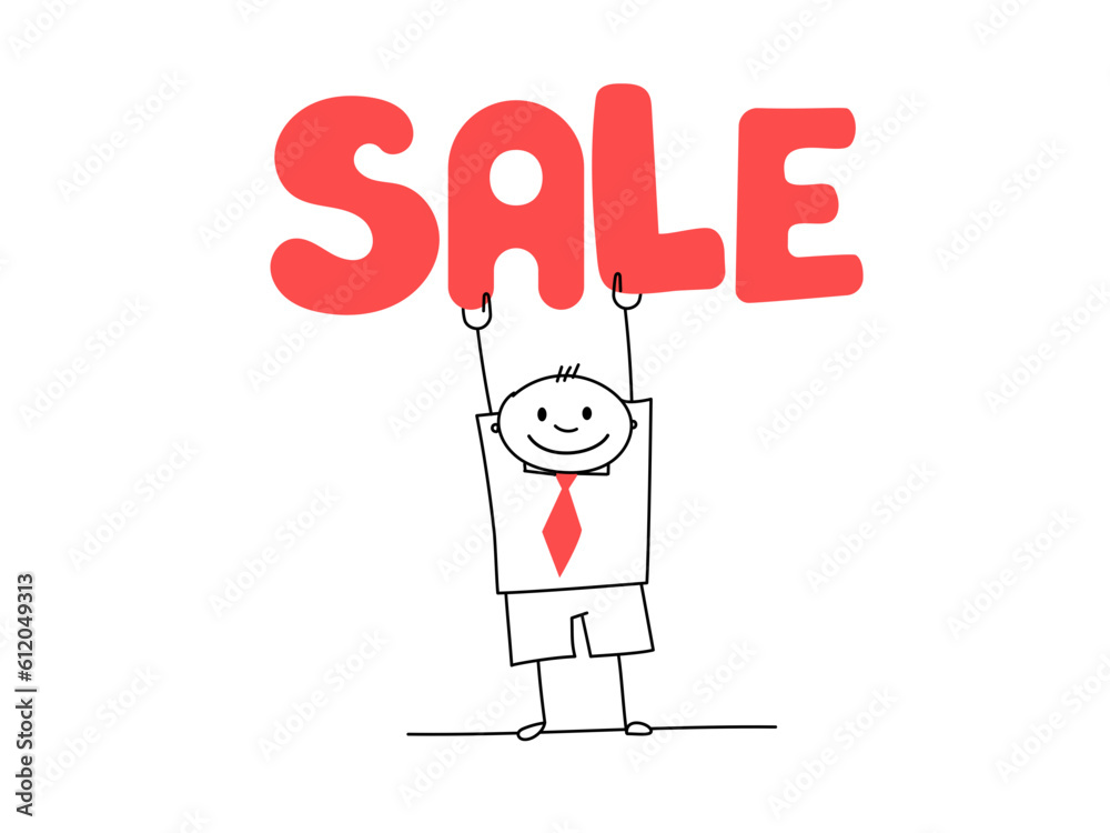 A simple hand-drawn man with a red tie is holding a large word SALE above his head. Doodle or outline vector illustration. A simple hand-drawn man with a red tie is holding a large word SALE above his head. Doodle or outline vector illustration.