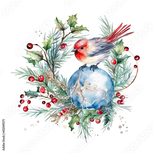 Watercolor Christmas tree toy bird and holly jolly branches. Illustration AI ...