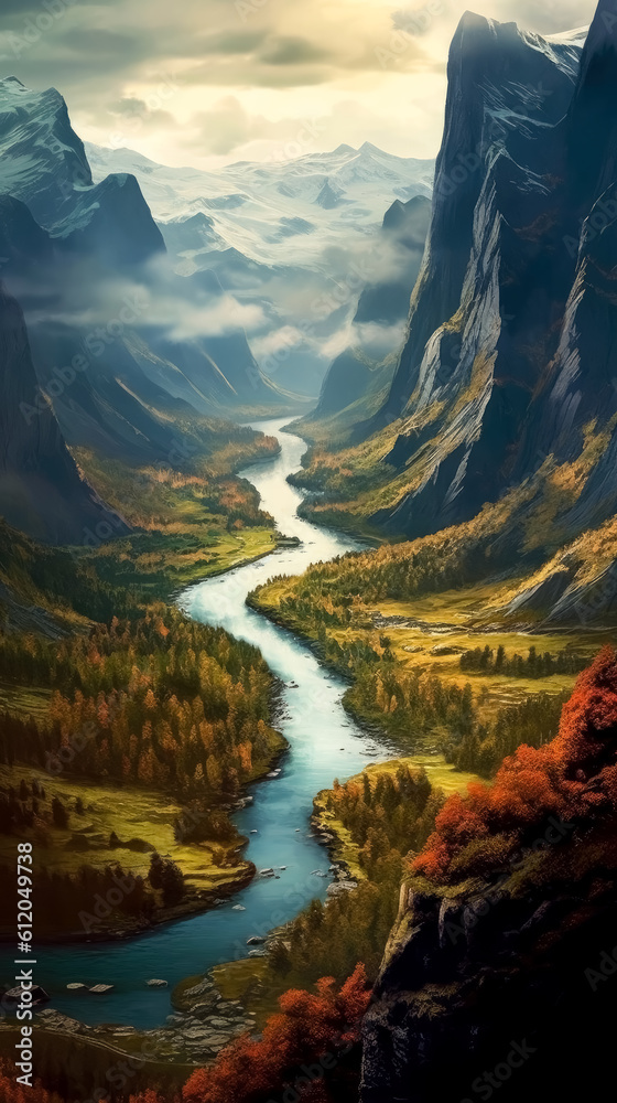 Beautiful Norway landscape, landscape with a valley and a river path. Generative Ai.