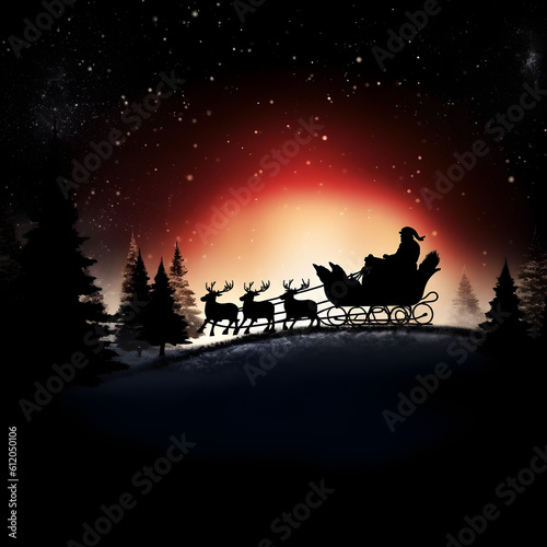 Abstract of silhouette of Santa Claus in sleigh being pulled by reindeers. Generative AI