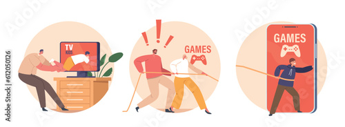 Isolated Round Icons Parents Characters Pull Their Child On A Rope, Shielding From Gaming Addiction and Dangers