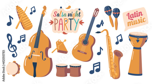 Set of Instruments for Playing Latino Music. Contrabass, Guitar, Drums, Saxophone and Tambourine Vector Illustration