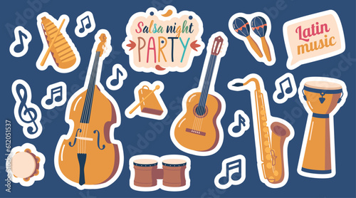 Set of Stickers Instruments for Playing Latino Music. Contrabass, Guitar, Drums, Saxophone and Tambourine